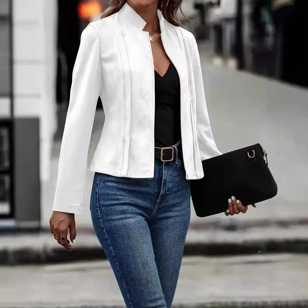 Faux Suede Leather Jacket/Winter Solid Color Long Sleeved Versatile Cardigan Short Jacket.