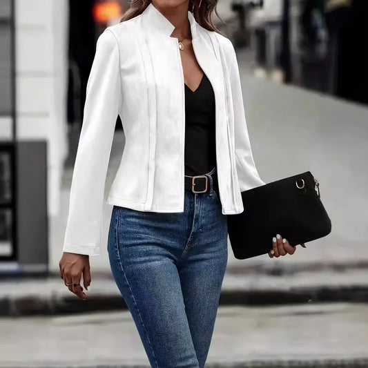 Faux Suede Leather Jacket/Winter Solid Color Long Sleeved Versatile Cardigan Short Jacket.