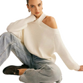 Loose fitted/Cross-Over Collar Cold-Shoulder Sweater/Off Shoulder Sweater/Loose Solid Color Halter Neck Long Sleeve Pullover Knitted Tops Casual Winter Fall Clothes.