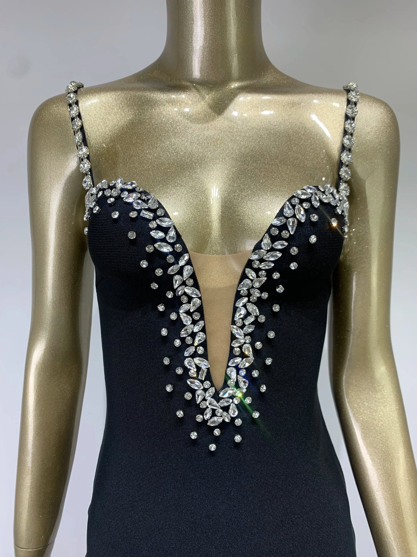 Modern V Neck Beading Diamond Dress/Beaded V‑Neck Mini Dress –cocktail dress/Black Mini Bodycon Bandage Dress.