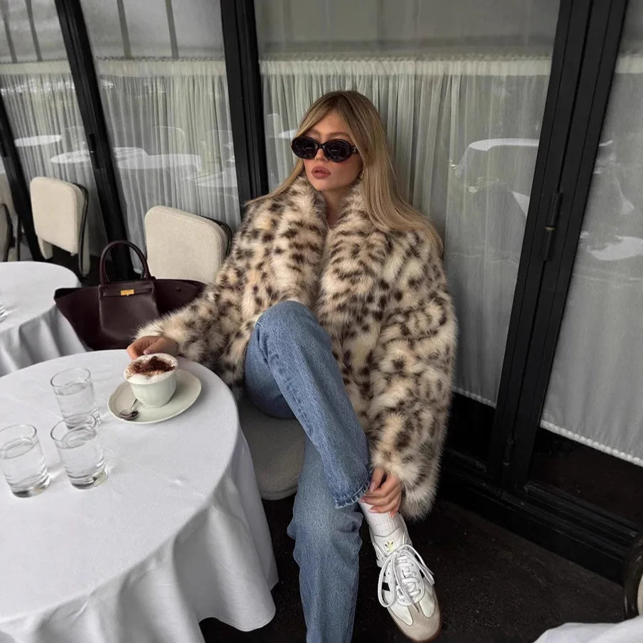 Faux Fur Coat’s/Casual Daily Coat/Turn Down Collar/Full Sleeve Leopard Print/Open Stitch Thick Warm Jackets Street Wear Winter.