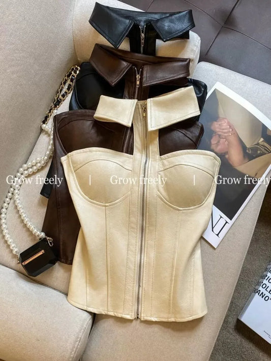 Luxury Halter Neck Corset Bustier Top with Collar & Front Zipper – Champagne Beige & Chocolate Brown Faux Leather Sculpted Top