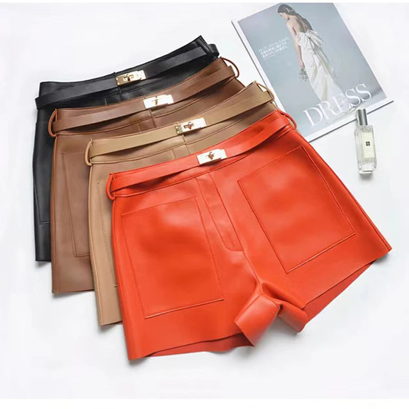 Real Sheepskin Leather Shorts for Women – 2026 New Arrival Casual Genuine Leather Shorts with White Belt, High-Quality Sheepskin, Versatile Summer & Street Style
