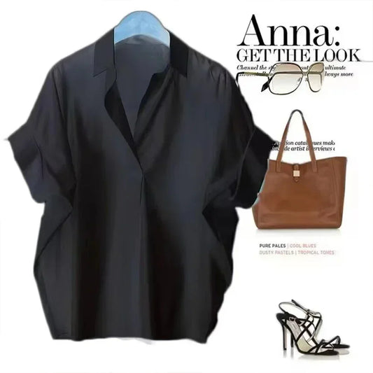 Breathable Barca Top/Simple Short Batwing Sleeve Turn/Town Quick Dry Collar Shirts Solid Color/Female Vintage Style/Comfortable Stretched fitted Shirt.