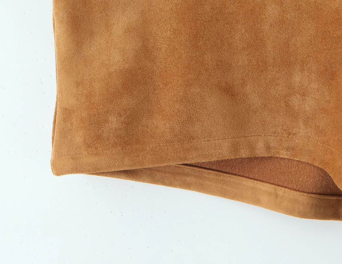 YENKYE Retro Brown Faux Suede Shorts for Women – High-Waist Casual Vintage Short Pants