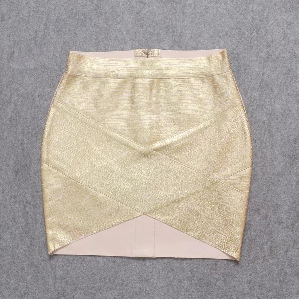 Gold Metallic High-Waist Bodycon Midi Skirt for Women – Stretch Fitted Pencil Skirt
