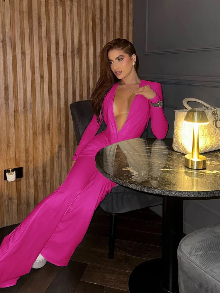 Crossed Rushed Deep V~Neck Long Sleeved Jumpsuit/High Waist Party Jumpsuits Women/Elegant Ruched Slim Fit Flare Pants Overalls Streetwear.