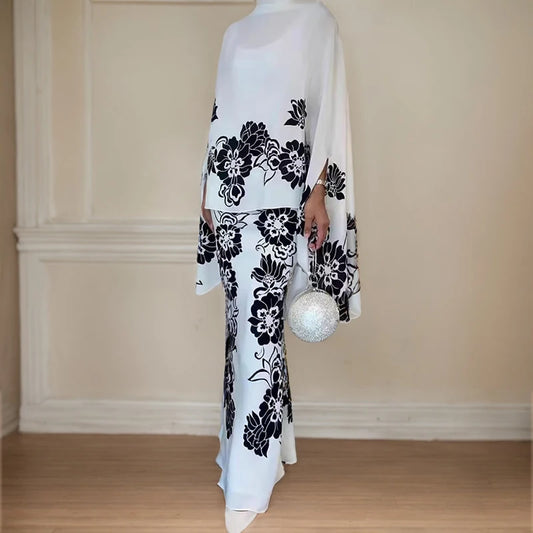 Modern Designed Floral Print Dress/Fashion Silk Beaded Loose Pencil/Maxi Skirt Suit Two Piece Set Simple Party Gown Dresses Set’s.