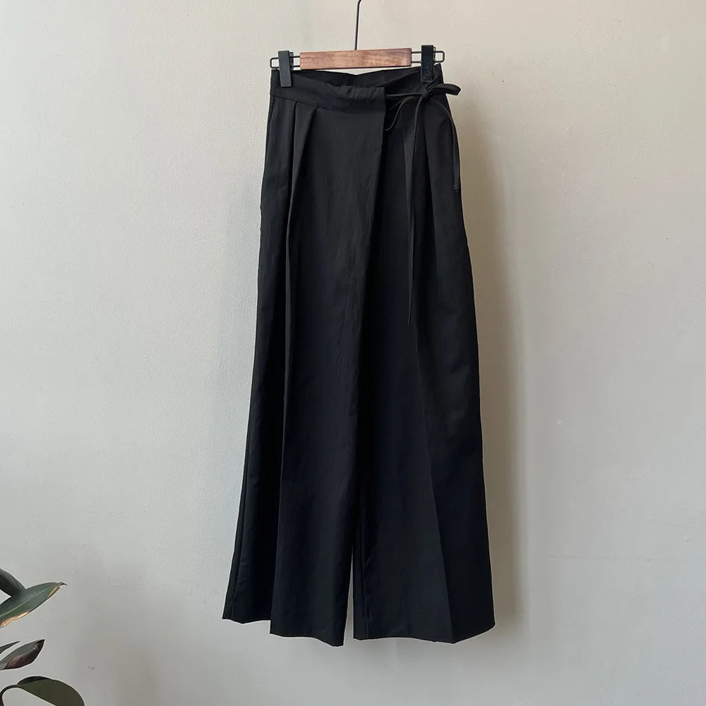 Fashion Tie Up Knotted Asymmetric Strapped Pant’s/ Lace-up Wide Leg Chic Style/High Waisted Solid Loose Ladies Straight Trouser’s.