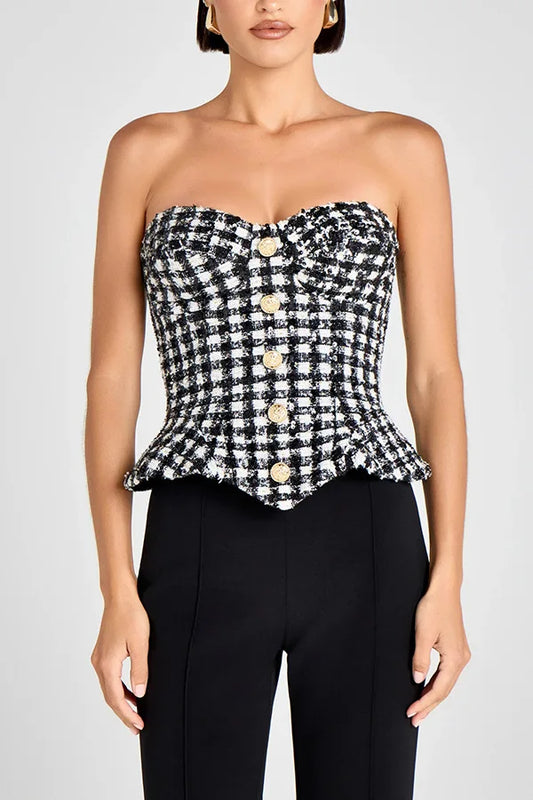 Luxury Tweed Corset Top for Women – Strapless Peplum Bustier with Gold Button Detail | Elegant Timeless Boutique Fashion
