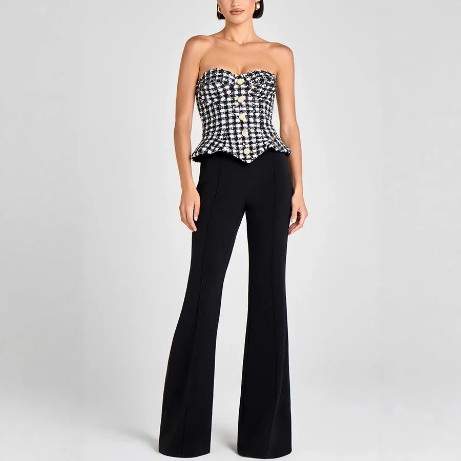 Luxury Tweed Corset Top for Women – Strapless Peplum Bustier with Gold Button Detail | Elegant Timeless Boutique Fashion