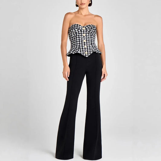 Luxury Tweed Corset Top for Women – Strapless Peplum Bustier with Gold Button Detail | Elegant Timeless Boutique Fashion