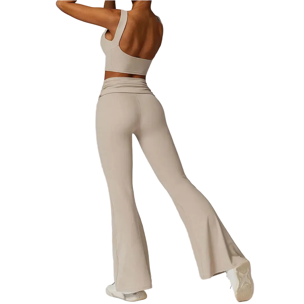 High-Waisted Flared Active Pants with Sculpting Fit – Neutral Beige