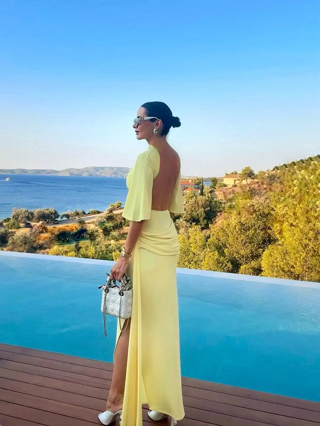 Hollow Out Solid Split Hem Maxi Dress/Fashion Long Sleeve Backless Dress/New Lady Daily High Street Robes.
