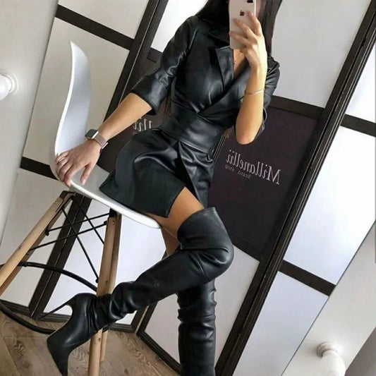Elegant Leather Body~Con Women's Dress/ V~Neck Leather Mid Length/PU Leather Waist Closure/TrendingTurn Down Dress With Belt.