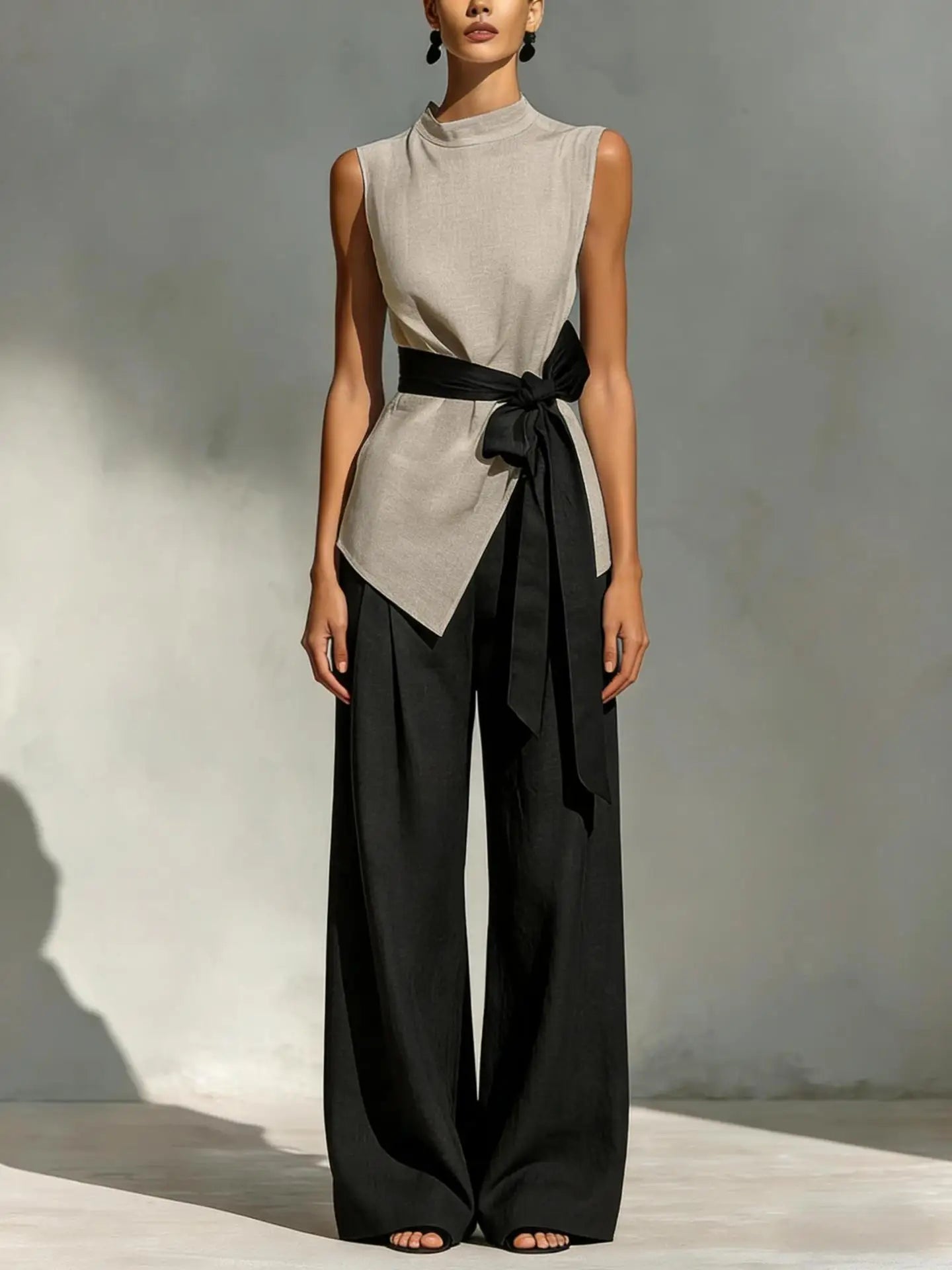 Elegant Sleeveless Tie Top & Wide-Leg Pants Two-Piece Set – Slim Fit Luxury Lounge Ensemble