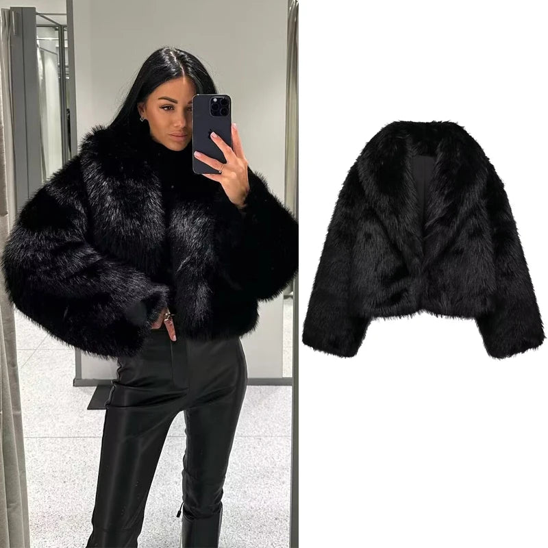 MUJER Black Faux Fur Coat/Autumn Winter Plush Coat’s/Jackets Streetwear/ Long Sleeve Warm Women Coat’s.