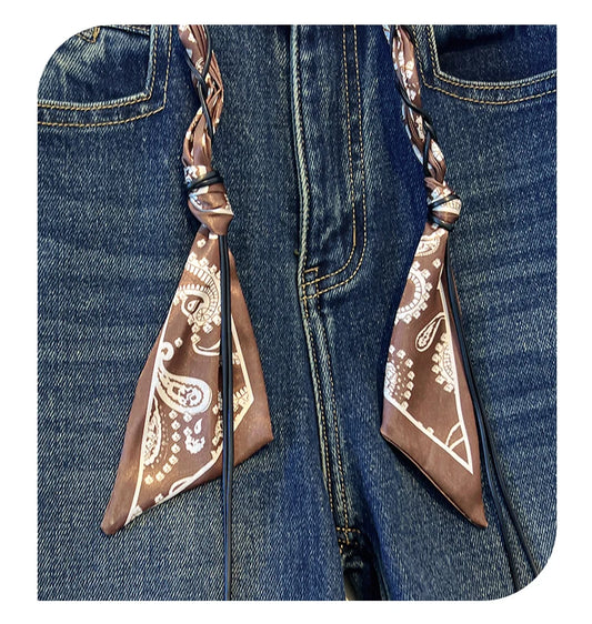 Luxury High-Waist Wide-Leg Denim Jeans with Boho Scarf Tie & Beaded Drawstring | Modern Blend Boutique
