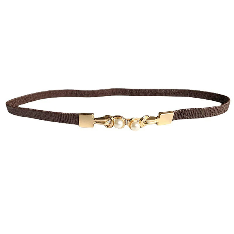 Elegant Double Pearl’s/Elastic Buckle Women Belt’s/Black Thin Straps Lady Girl Dress Skirt Decor Waistbands.