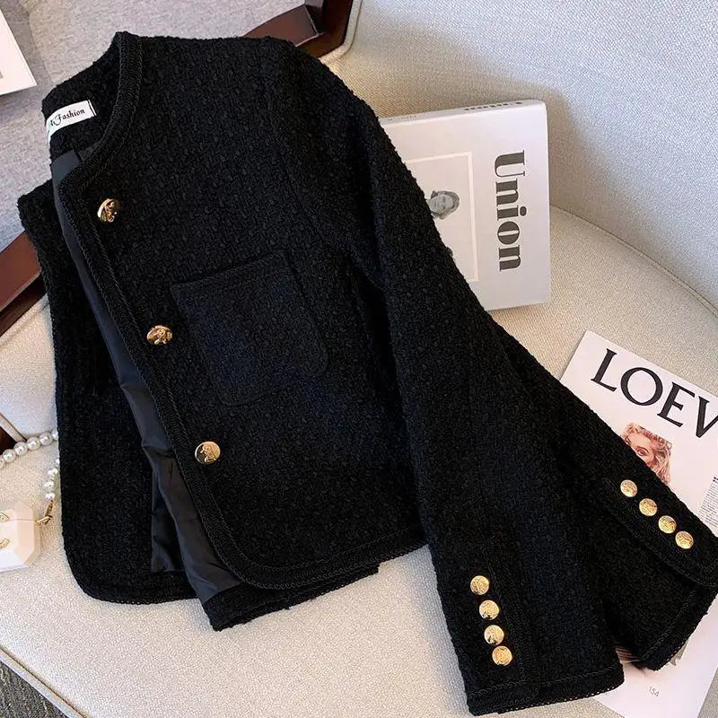 Elegant Black Tweed Jacket Women's Spring Autumn 2025 New French Style Single Breasted Short Coat Long Sleeved Slim Fit Top