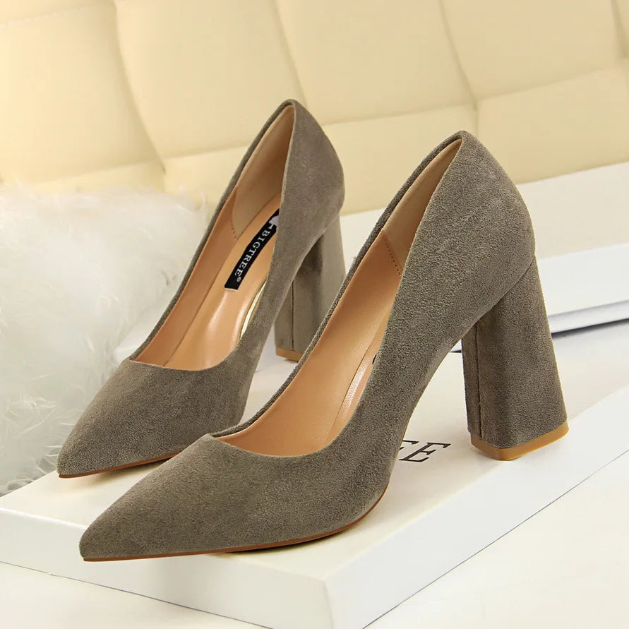 Women’s Suede-Look Pointed Toe Pumps | 8.5cm Block Heel Dress Shoes | Elegant Cognac Brown Heels