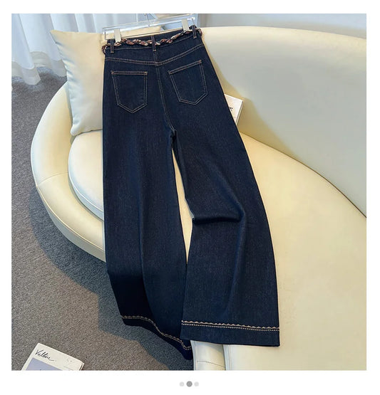 Luxury High-Waist Wide-Leg Denim Jeans with Boho Scarf Tie & Beaded Drawstring | Modern Blend Boutique
