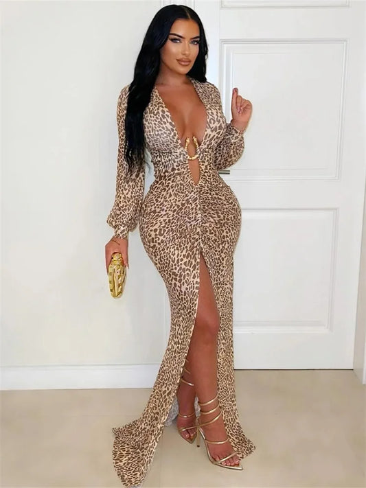 Luxury Leopard Print Cut-Out Maxi Dress – Deep V Long Sleeve Bodycon Gown
