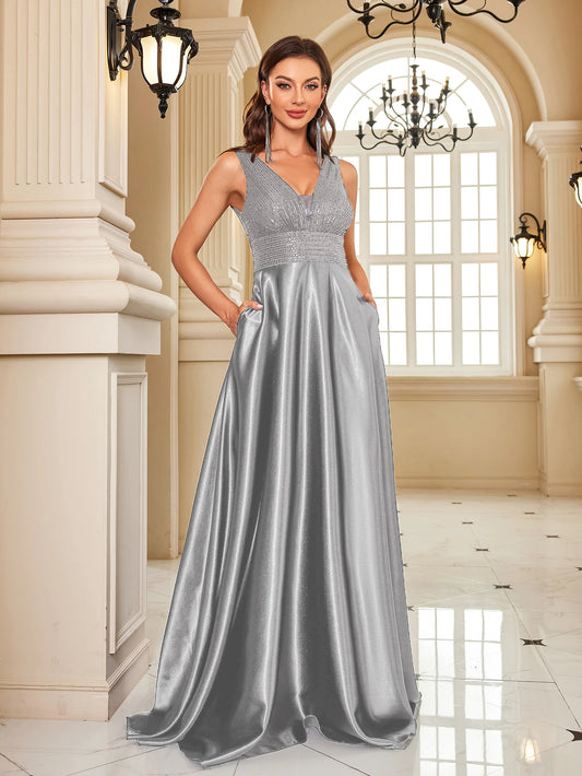 Elegant Sequin Evening Dress/Deep V-neck Satin Prom Party/Dress Floor Length/Formal Gowns.