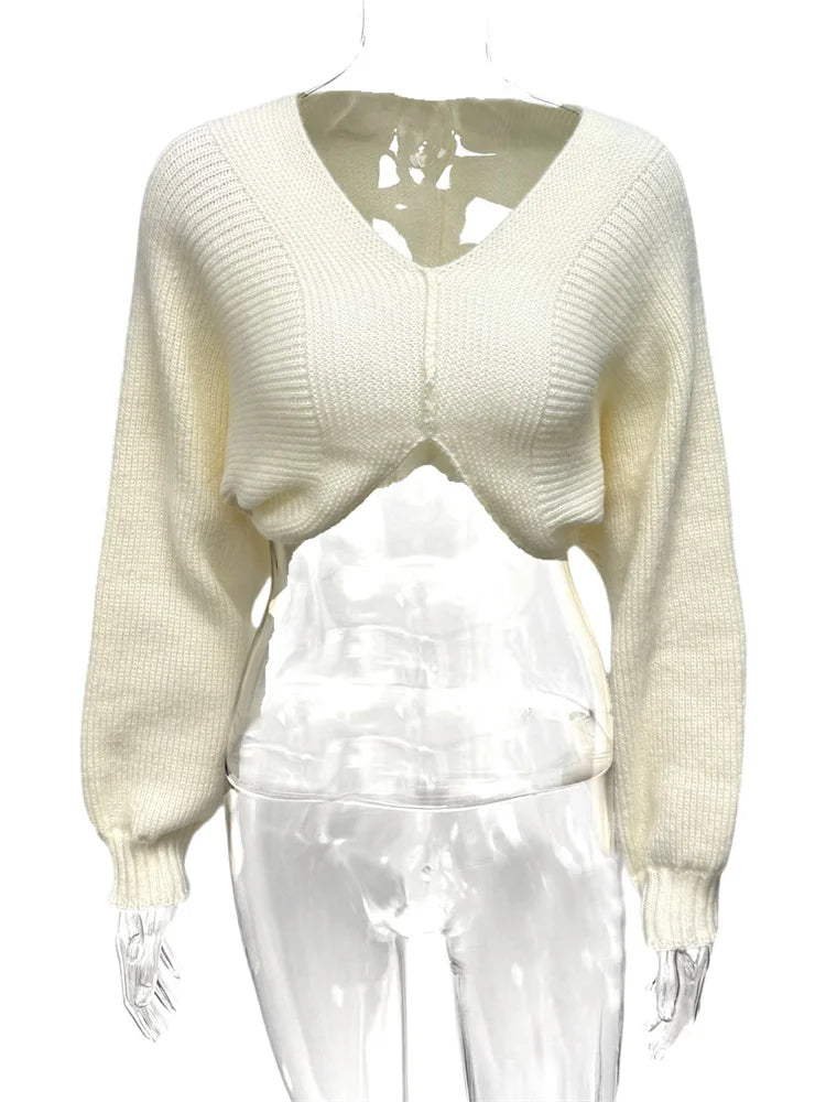 Luxury Ribbed Knit Cropped Cardigan Top – V-Neck Balloon Sleeve Sweater