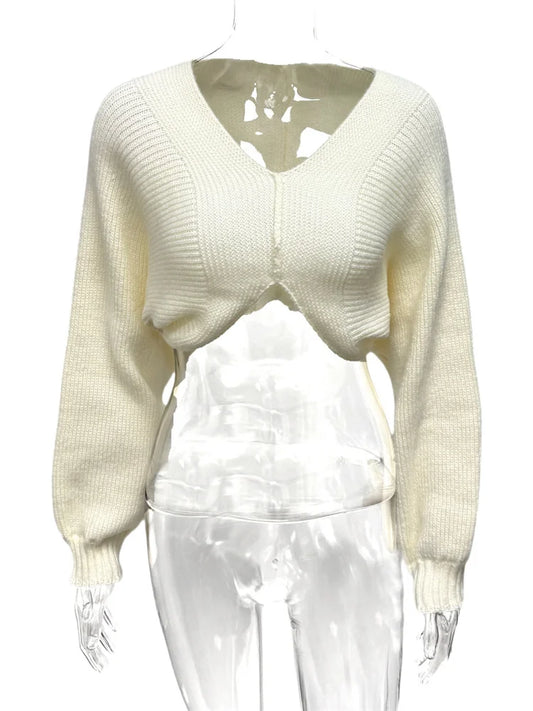 Luxury Ribbed Knit Cropped Cardigan Top – V-Neck Balloon Sleeve Sweater
