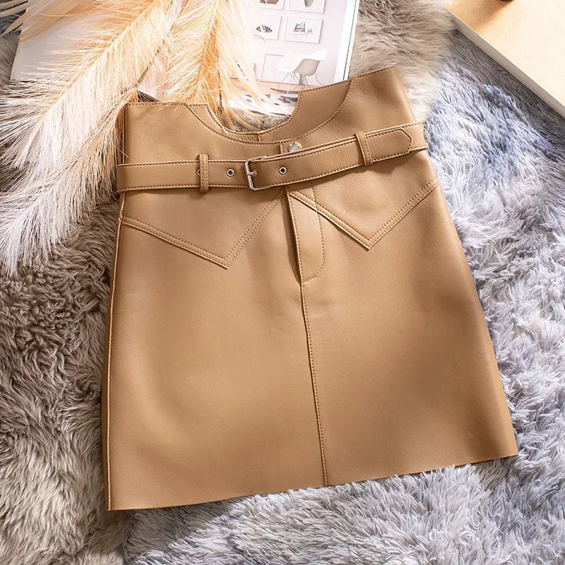Women’s Genuine Sheepskin Leather Mini Skirt – High Waist Belted Office Chic Skirt