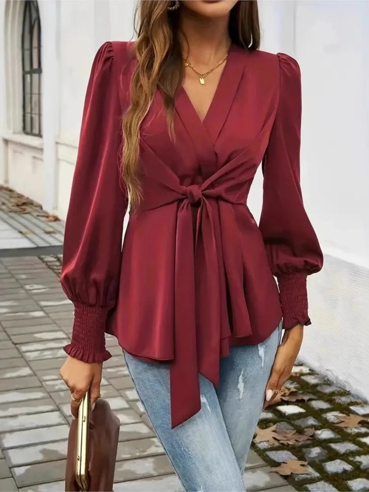 Elegant V-neck Lace Up Waist Cinching Autumn Women's Clothing New Casual Loose Solid Color Pullover Shirt.