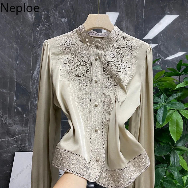 Modern designed vintage blouse/Stand Collar Embroidery Blouse Embraced in Fashion/Long Sleeve fitted, made with polyester material.