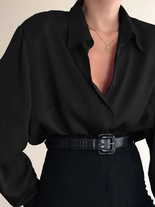 Admirable Solid V~Neck Button Blouses/Turn Down Collar Shirts/Long Sleeve Casual Blouse Loose OL Shirt/ Baggy Tops Red/Wine Red /Black.