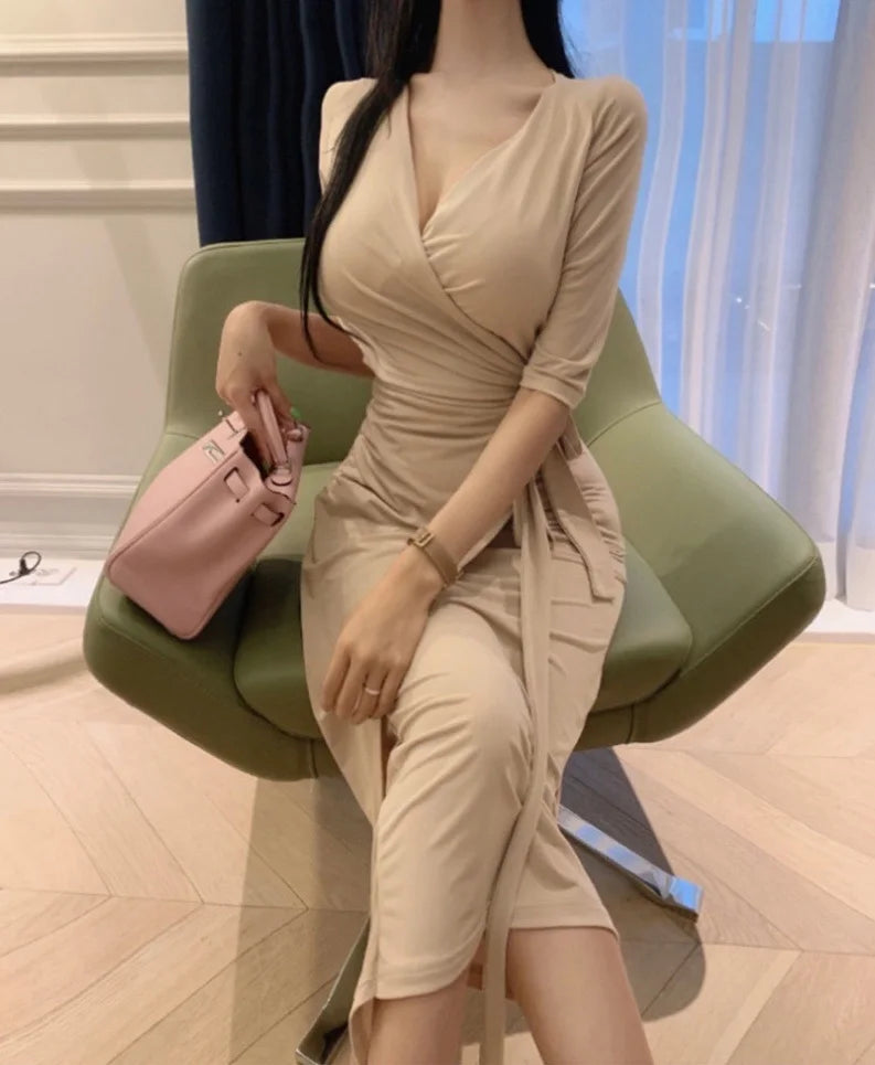 Slimming V-Neck Belted Maxi Dress.