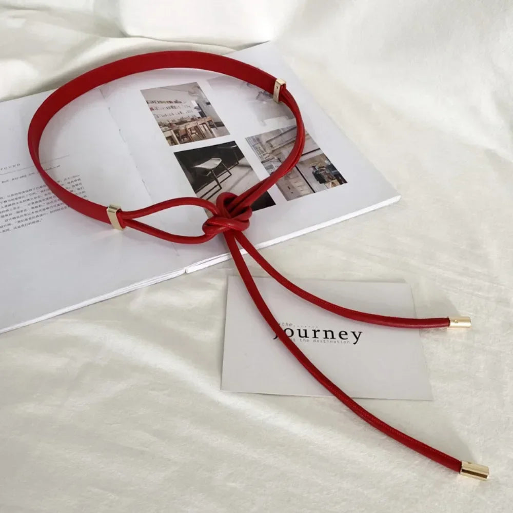 Fashioned Non-Hole Knot Belt/Style Belts PU Leather/Solid Color/Thin Lace-up Waist Strapped.
