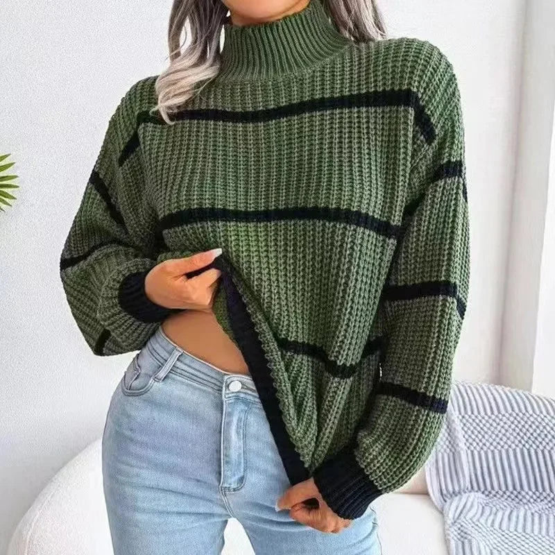 Solid Striped Pullover Turtleneck/Loose fitting Sweater/Long Sleeved Knitted Sweater/High Neck Warm Pullover Knitwears Top.