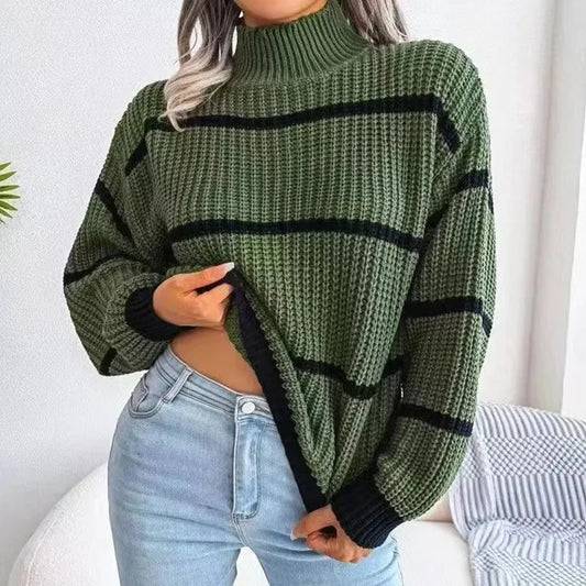 Solid Striped Pullover Turtleneck/Loose fitting Sweater/Long Sleeved Knitted Sweater/High Neck Warm Pullover Knitwears Top.