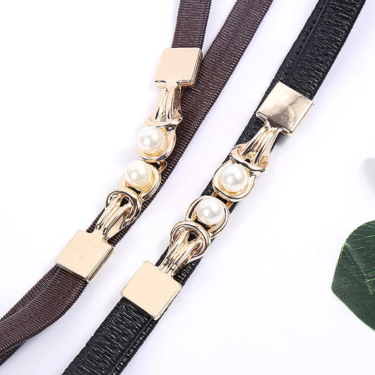 Elegant Double Pearl’s/Elastic Buckle Women Belt’s/Black Thin Straps Lady Girl Dress Skirt Decor Waistbands.