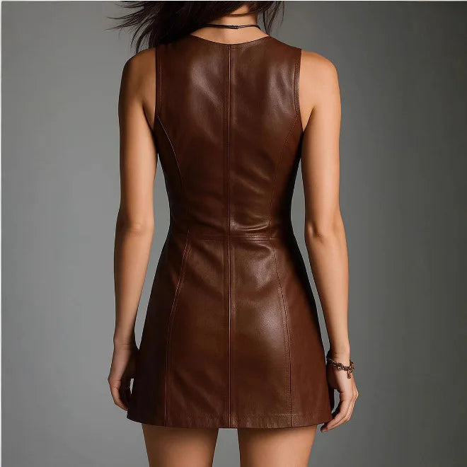 Luxury Brown Faux Leather Sleeveless Mini Dress with Front Zipper & Pocket Detail