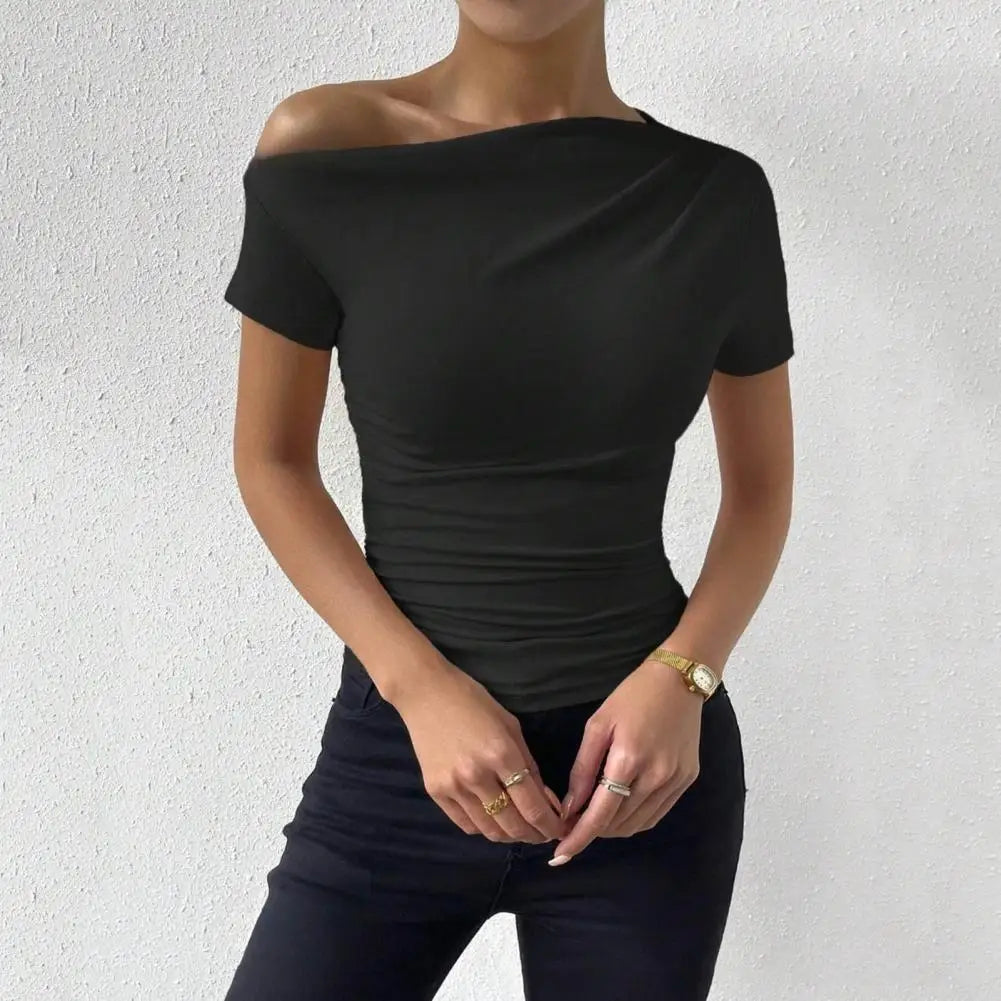 Elegant Women Skew Collar Short Sleeve Blouse/Slim Shirt Solid Color Side Shirring Blouse Shirt Top.
