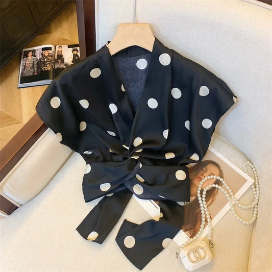 Elegant Polka Dot Tie Front Blouse – Women’s Retro V-Neck Waist Tie Top | French Chic Lightweight Luxury Blouse | Modern Blend Boutique
