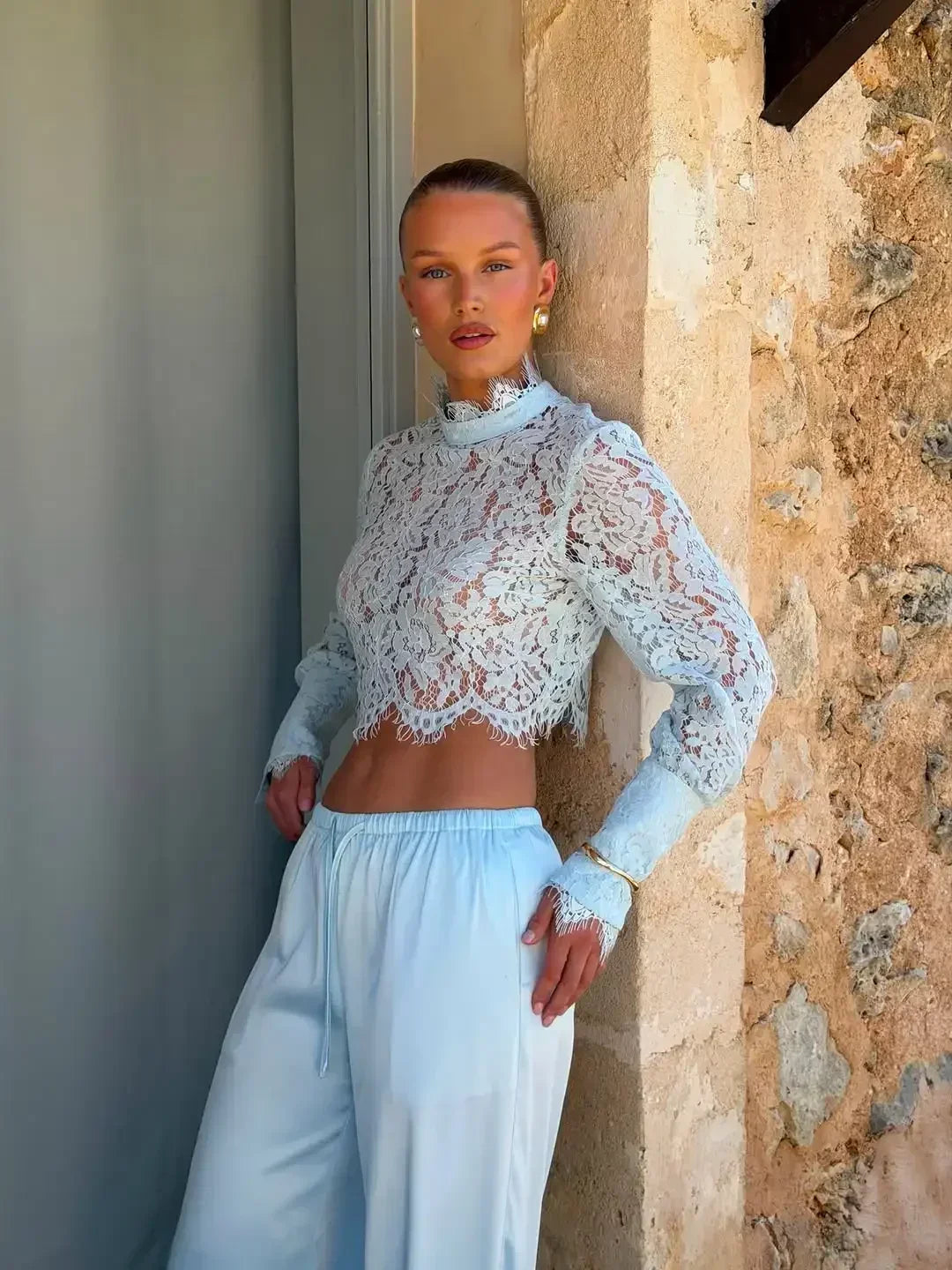 Timeless Lace Two-Piece Set | Elegant Cropped Lace Top & Wide-Leg Pants