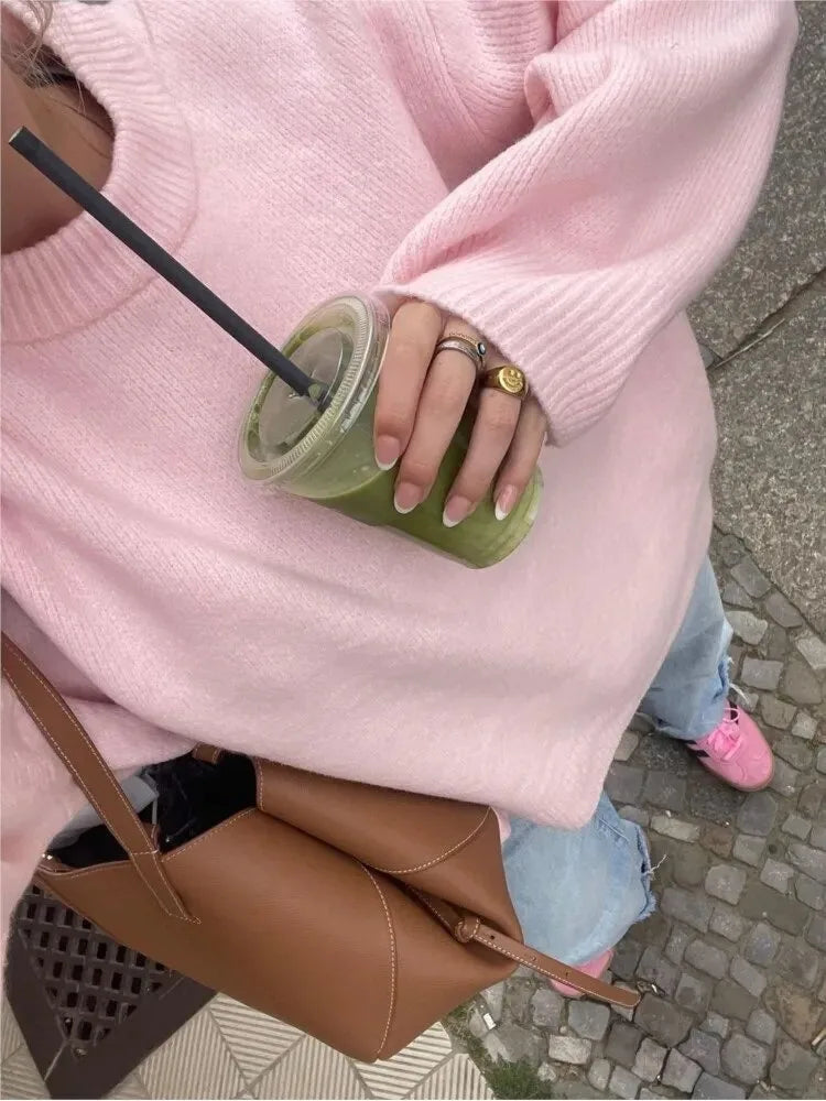 Solid Loose Sweater Fashion Elegant/O-neck Long Sleeve Knitted Pullover/Autumn Female Warm Thick Tops/Comfy Jumpers/