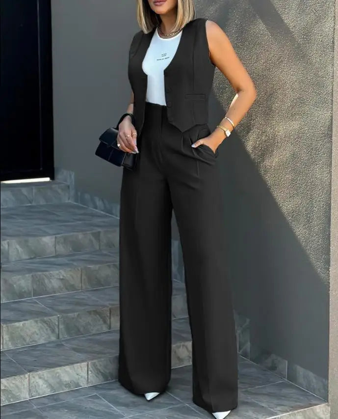 Trousers Suit Women's Vest Suit/Elegant Loose Regular Work Suit/High Waist Wide-leg Trousers 2-piece Street Suit.