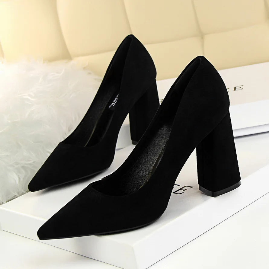 Women’s Suede-Look Pointed Toe Pumps | 8.5cm Block Heel Dress Shoes | Elegant Cognac Brown Heels