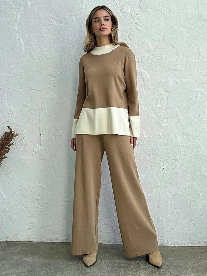 Elegant Two Piece Set/Loungewear Slit Sweater/Matching Sets Women Casual Knitted Wear/Mock Neck Design/Elastic Waist Band.