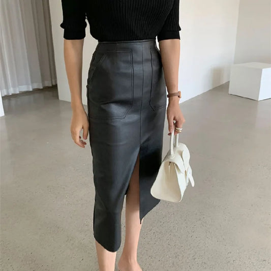 Modern Blend Boutique Women’s High-Waisted Faux Leather Midi Pencil Skirt – Elegant Front Slit, Slim Fit PU Leather Skirt, Timeless Chic Office & Evening Wear