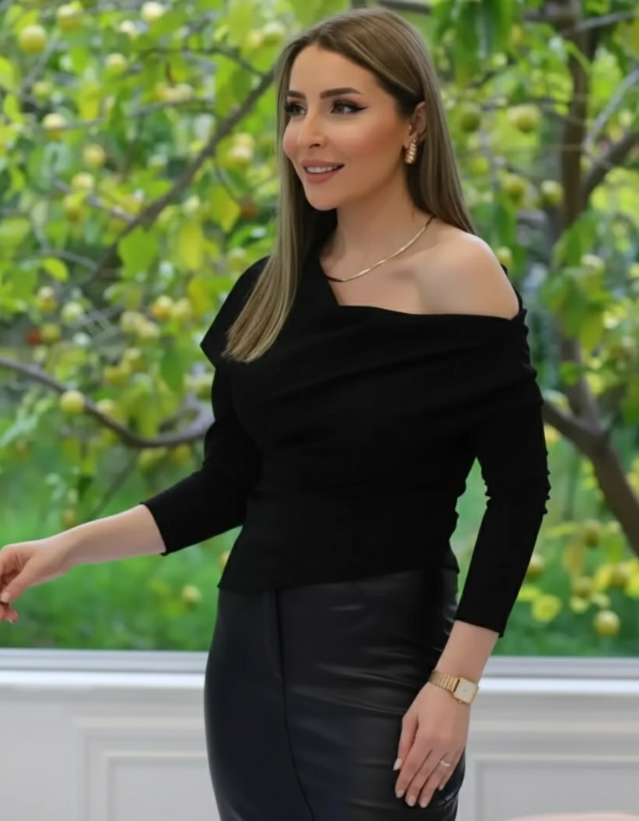 Fashion Chic Asymmetrical Pleated Blouse/Long Sleeve Solid T-Shirt Top.