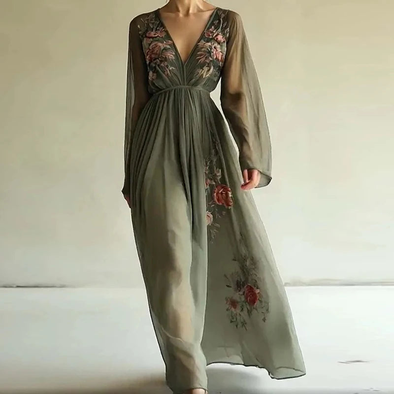 Seamless Modern Designed Dress/High Sleeve Waist Evening wear. V~Neck Floral Printed.